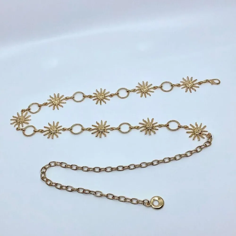 Y2K Celestial Gold-Tone Sun Face Chain Belt, Fits 23.5–38 Inches, X7GA1228